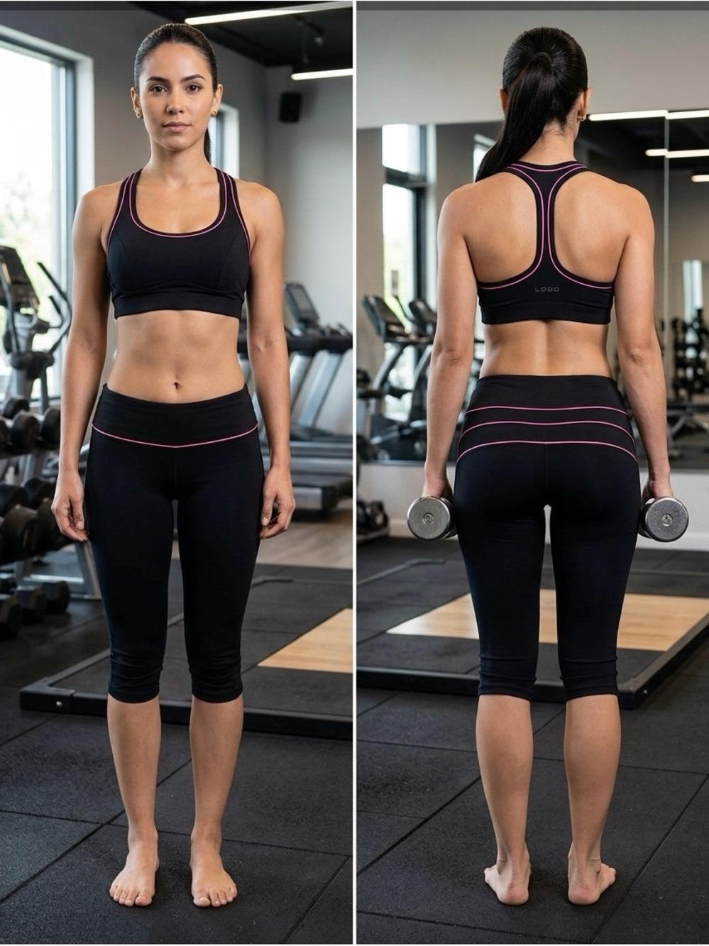 bebe Black Sports Bra and Leggings Set with Pink Piping Y2K